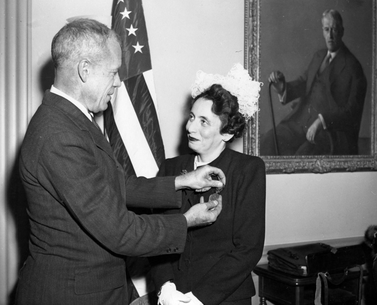 Anna Rosenberg being presented the Medal of Freedom by Secretary of War Robert P. Patterson, October 29, 1945 (Harry S. Truman Library & Museum, National Archives)