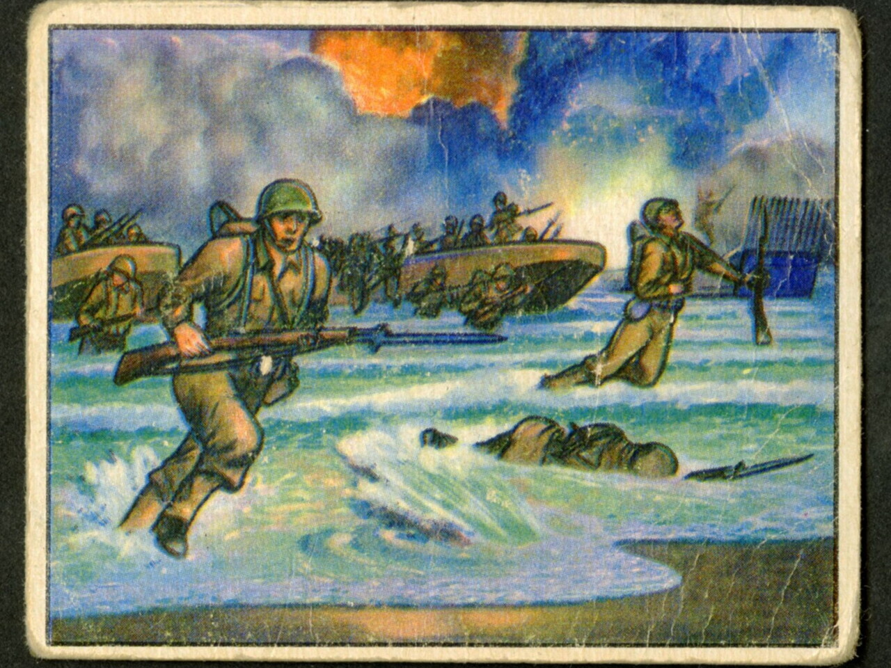 Illustration of soldiers making an amphibious landing in battle