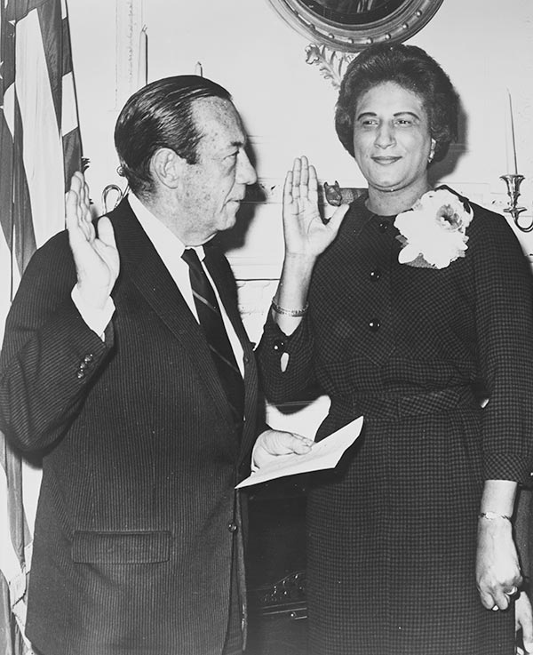 Constance Baker Motley being sworn in as Manhattan Borough president by Mayor Robert Wagner, February 25, 1965. Photograph by Phyllis Twachtman. (Library of Congress Prints and Photographs Division)