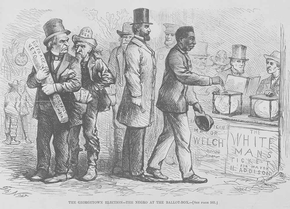 “The Georgetown Elections—The Negro at the Ballot Box,” illustration by Thomas Nash, printed in “Harper’s Weekly,” March 16, 1867 (The Gilder Lehrman Institute, GLC01733.09)