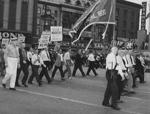 Members of Ford Local 600 of the CIO march in the Labor Day parade in Detroit Michigan, 1942. (Library of Congress Prints and Photographs Division)