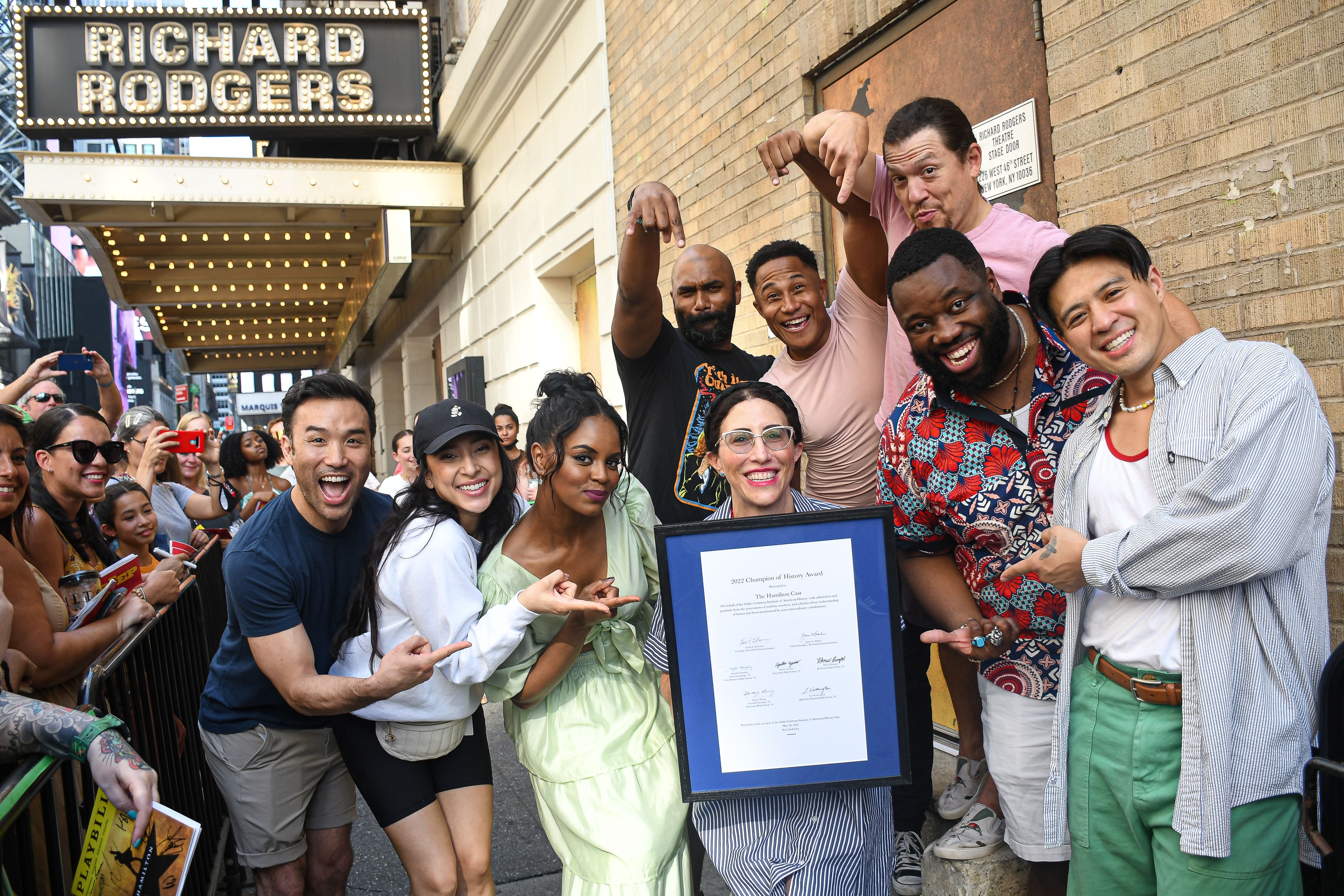 Gena Oppenheim with the 2022 cast of HAMILTON on Broadway