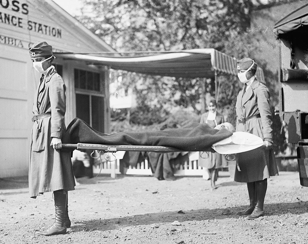 Demonstration at the Red Cross Emergency Ambulance Station in Washington, DC, during the influenza pandemic of 1918, National Photo Company Collection, 1918 (Library of Congress)