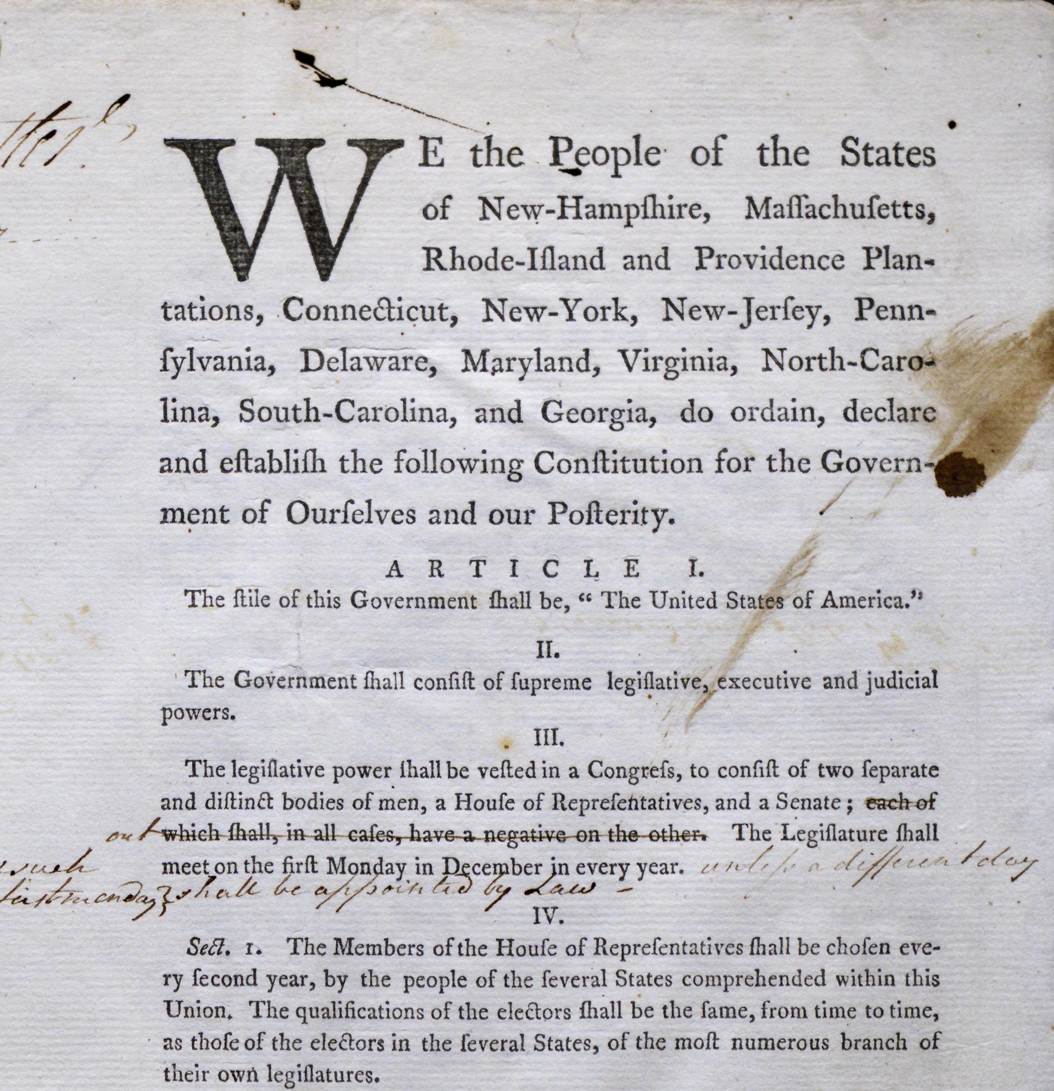 First printed draft of the US Constitution, August 6, 1787. (Gilder Lehrman Institute)