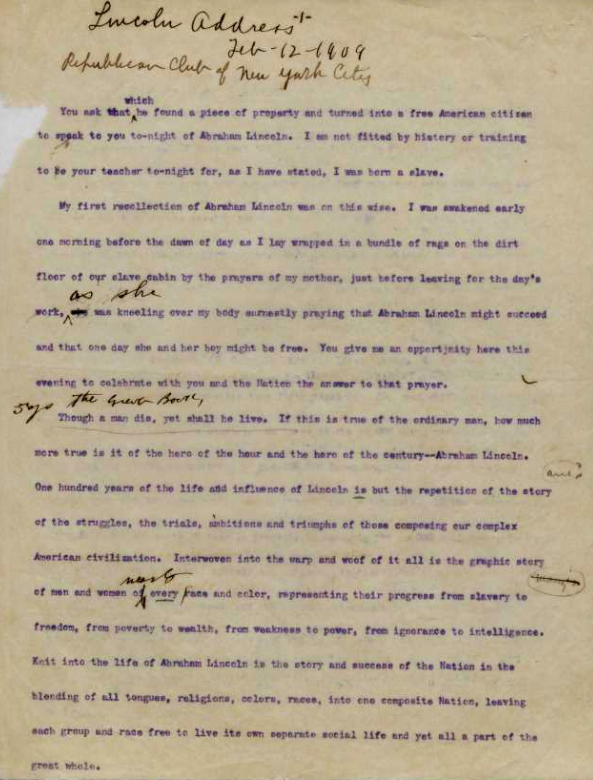 Draft of Booker T. Washington's speech on the influence of Abraham Lincoln given at New York Republican Club of NYC, 1909. (Gilder Lehrman Institute, GLC07232)