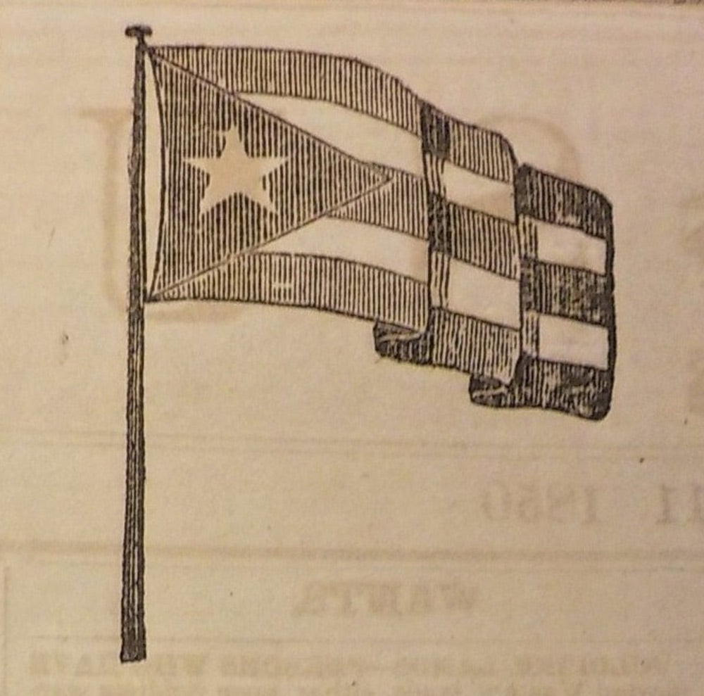 The first published depiction of the Cuban flag, appearing in the New York Sun on May 11, 1850, the day the flag flew for the first time anywhere. (“The Flag of Free Cuba,” New York Sun, May 11, 1850, p. 2)