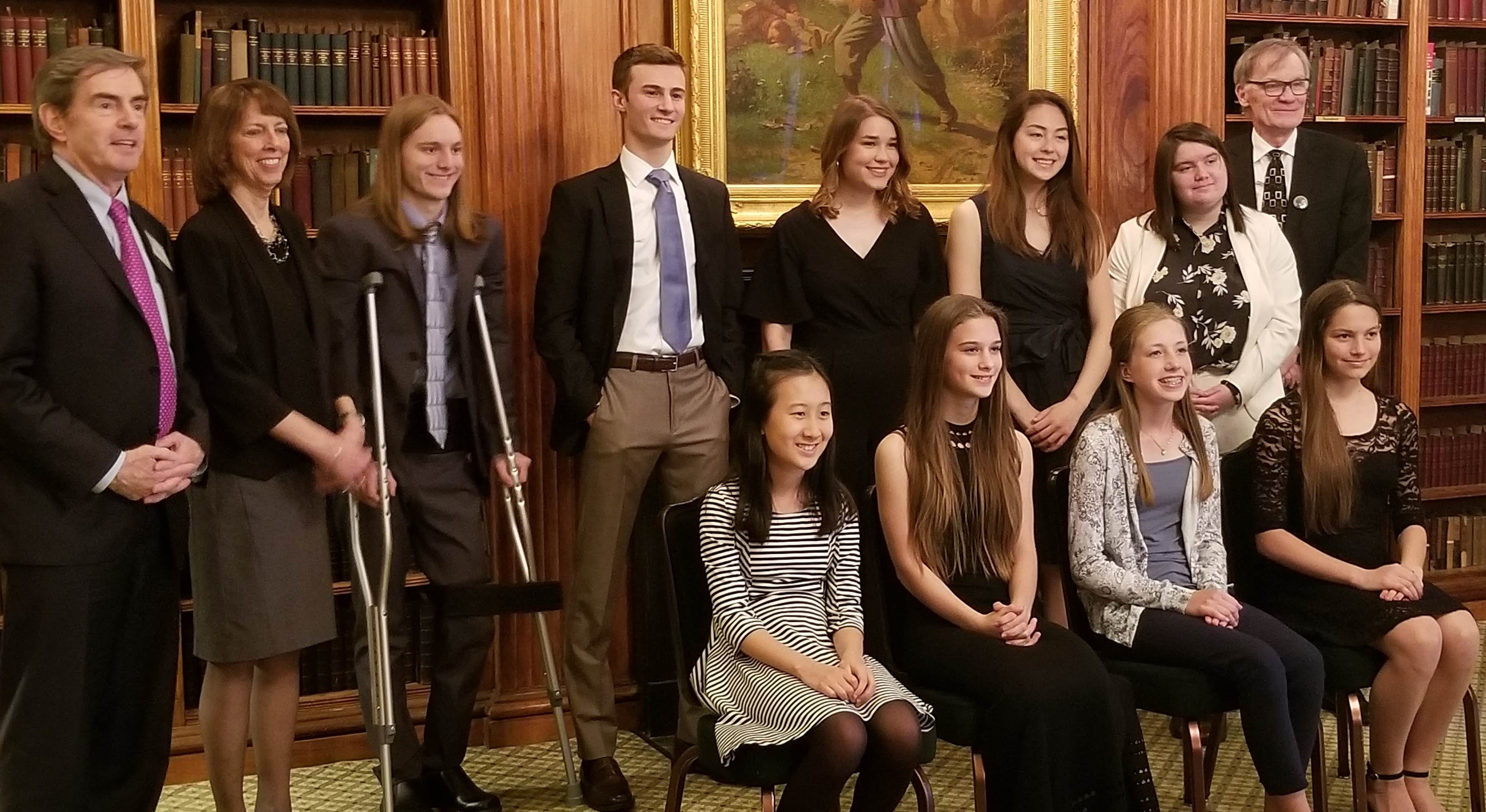 Gilder Lehrman Institute President James Basker, Gettysburg College President Janet Morgan Riggs, Professor David Blight, and winners of the 2019 Civil War Essay Contest