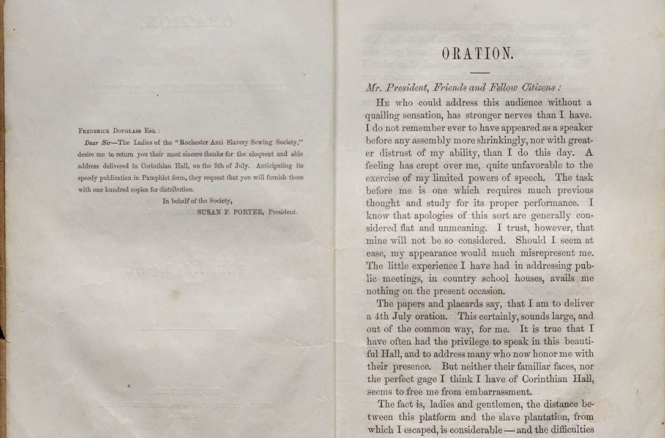 Dedication to Frederick Douglass and and the first page of his speech to the Rochester Anti Slavery Sewing Society (Gilder Lehrman Institute,  GLC06829)