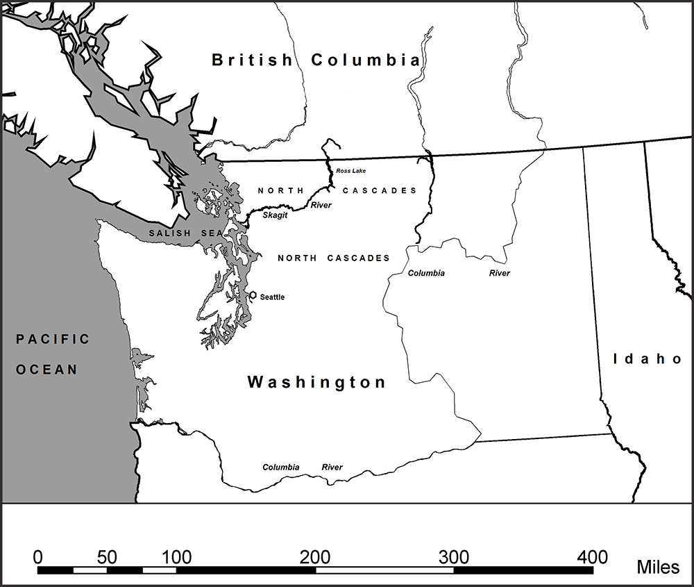 General area map of the Pacific Northwest, North Cascades Mountains, Salish Sea, and Skagit River (Courtesy of Robert R. Mierendorf)