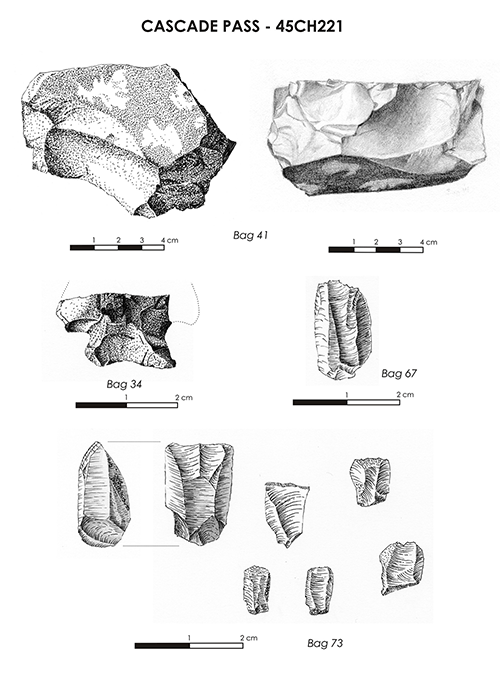 Illustration of stone artifacts from Cascade Pass, showing a core, a broken dart point, and small cutting tools made of quartz crystal (Courtesy of Monika Nill) 