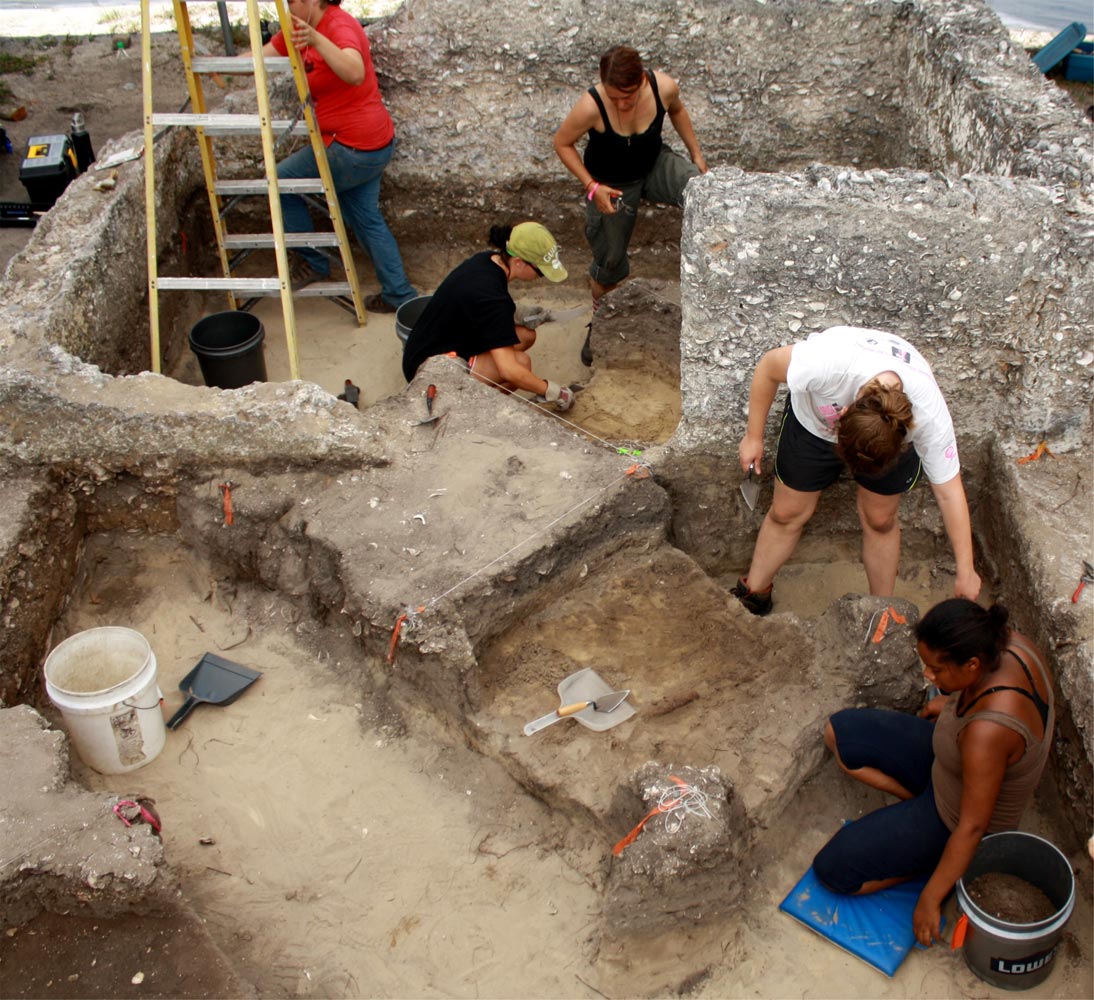 Excavations within Cabin E-11, conducted during the 2011 University of Florida archaeological field school at Kingsley Plantation. (Courtesy of James M. Davidson)