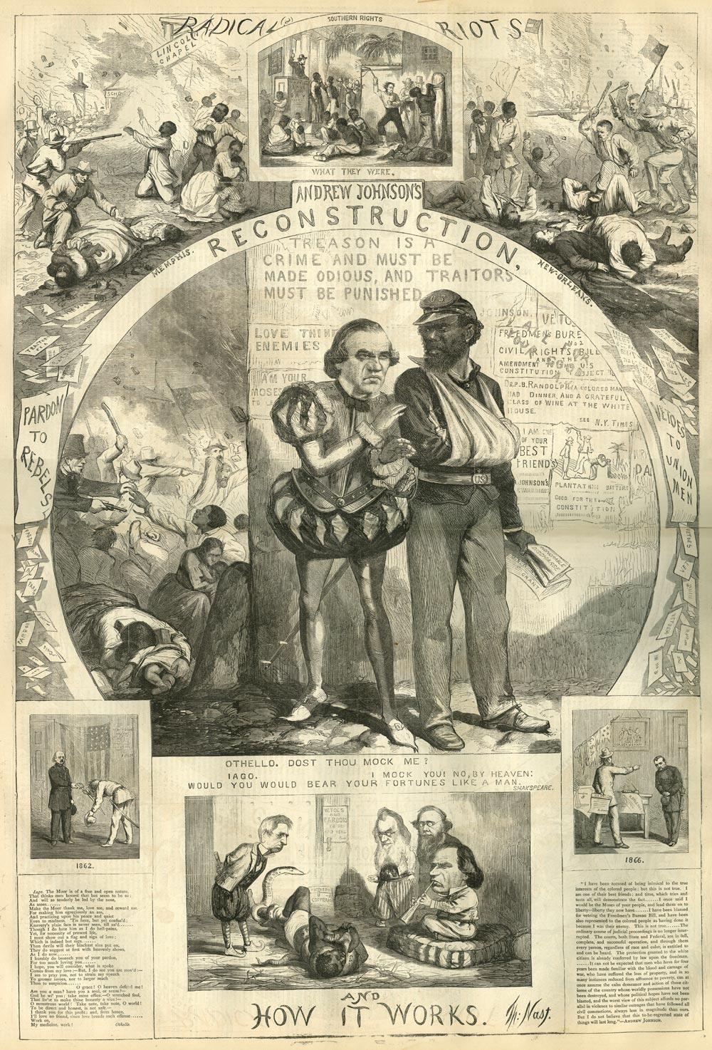 “Andrew Johnson’s Reconstruction and How It Works,” a cartoon by Thomas Nast showing Andrew Johnson as the deceitful Iago who betrayed Othello, portrayed here as an African American Civil War veteran, Harper's Weekly, September 1, 1866. (The Gilder Lehrman Institute, GLC01733.08)