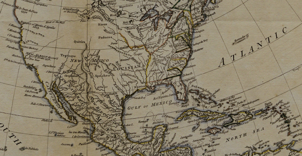 Detail from "North America as Divided amongst the European Powers" by Samuel Dunn in the American Military Pocket Atlas, published in London, 1776 (Gilder Lehrman Institute, GLC02372)