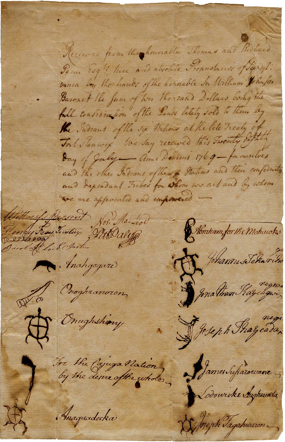 Totems representing the signatures of Six Nations leaders on a receipt for a land deal in 1769 (Gilder Lehrman Institute, GLC02548)