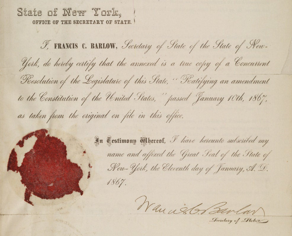 Certification of New York State's resolution ratifying the Fourteenth Amendment, January 11, 1867. (The Gilder Lehrman Institute, GLC04556)