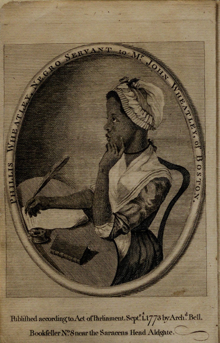 Portrait of Phillis Wheatley, frontispiece of Poems on Various Subjects, Religious and Moral, London, 1773 (The Gilder Lehrman Institute, GLC06154)