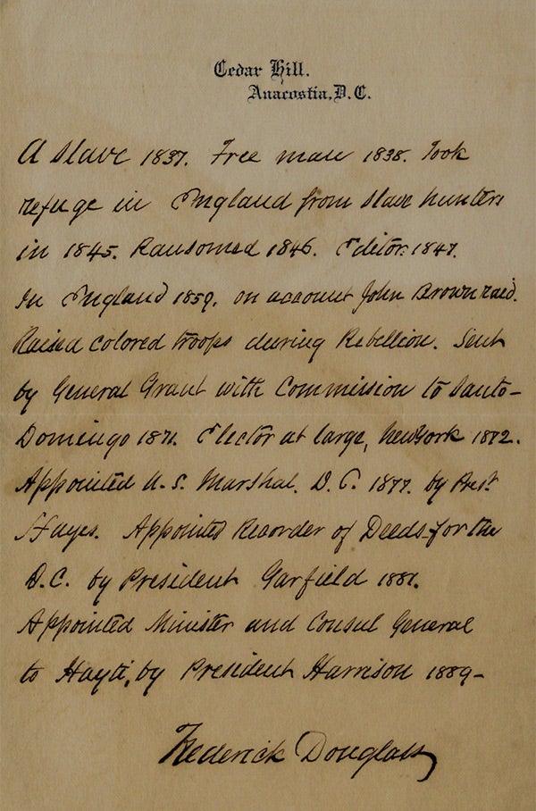 Frederick Douglass's account of his achievements, 1893 (Gilder Lehrman Institute, GLC07762)