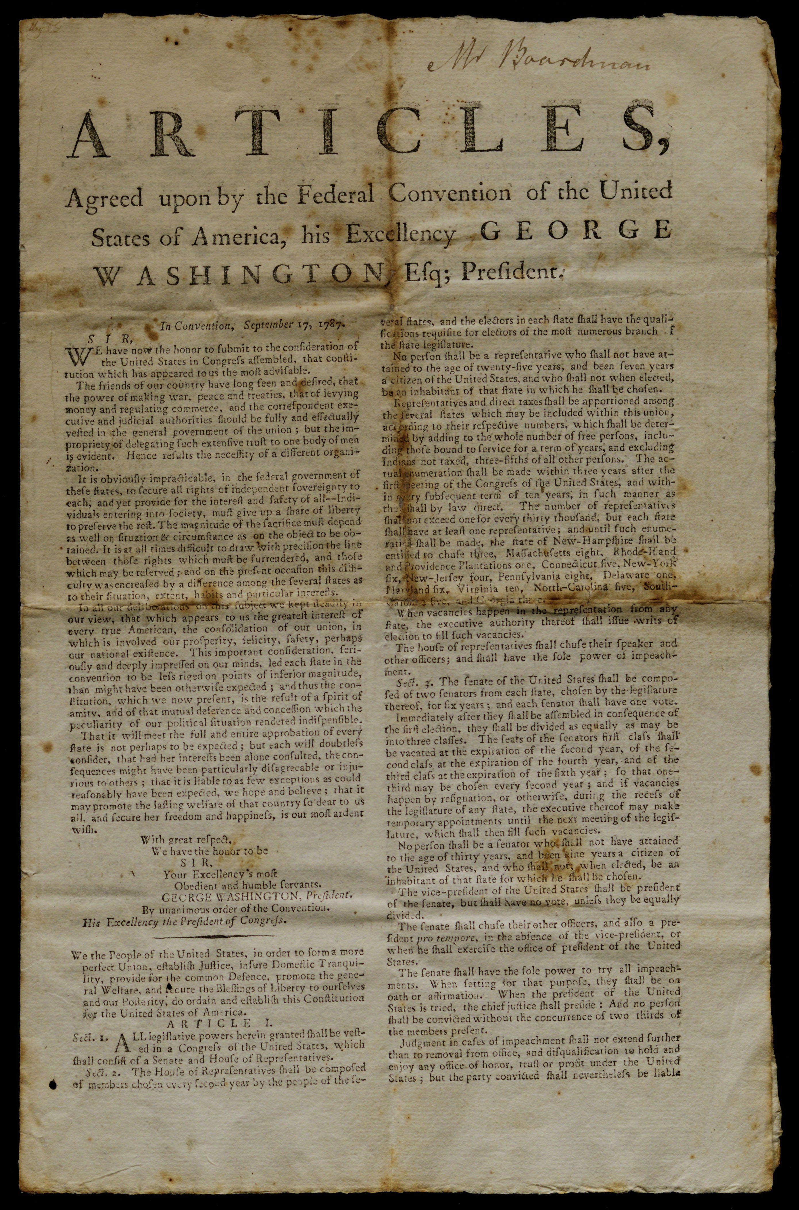 Broadside of the US Constitution, printed in 1788 (Gilder Lehrman Institute, GLC07866)