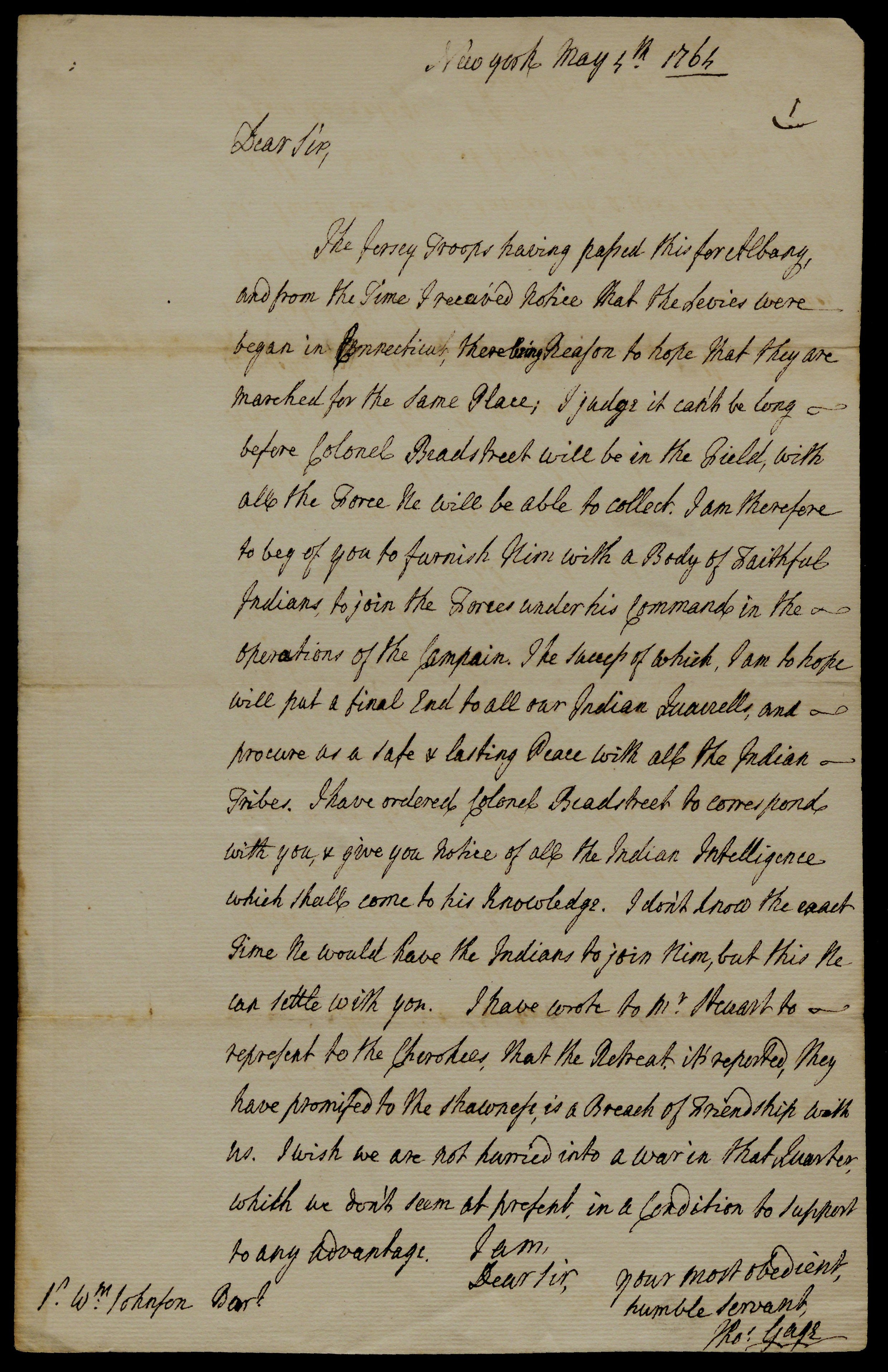 Thomas Gage to Sir William Johnson, May 4, 1764. (The Gilder Lehrman Institute of American History, GLC08378)