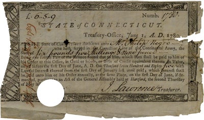 A receipt for payment to a Revolutionary War veteran, "Mr. Philip Negro," 1789. The circle punched out indicates that the payment was made. (The Gilder Lehrman Institute, GLC09132.02)
