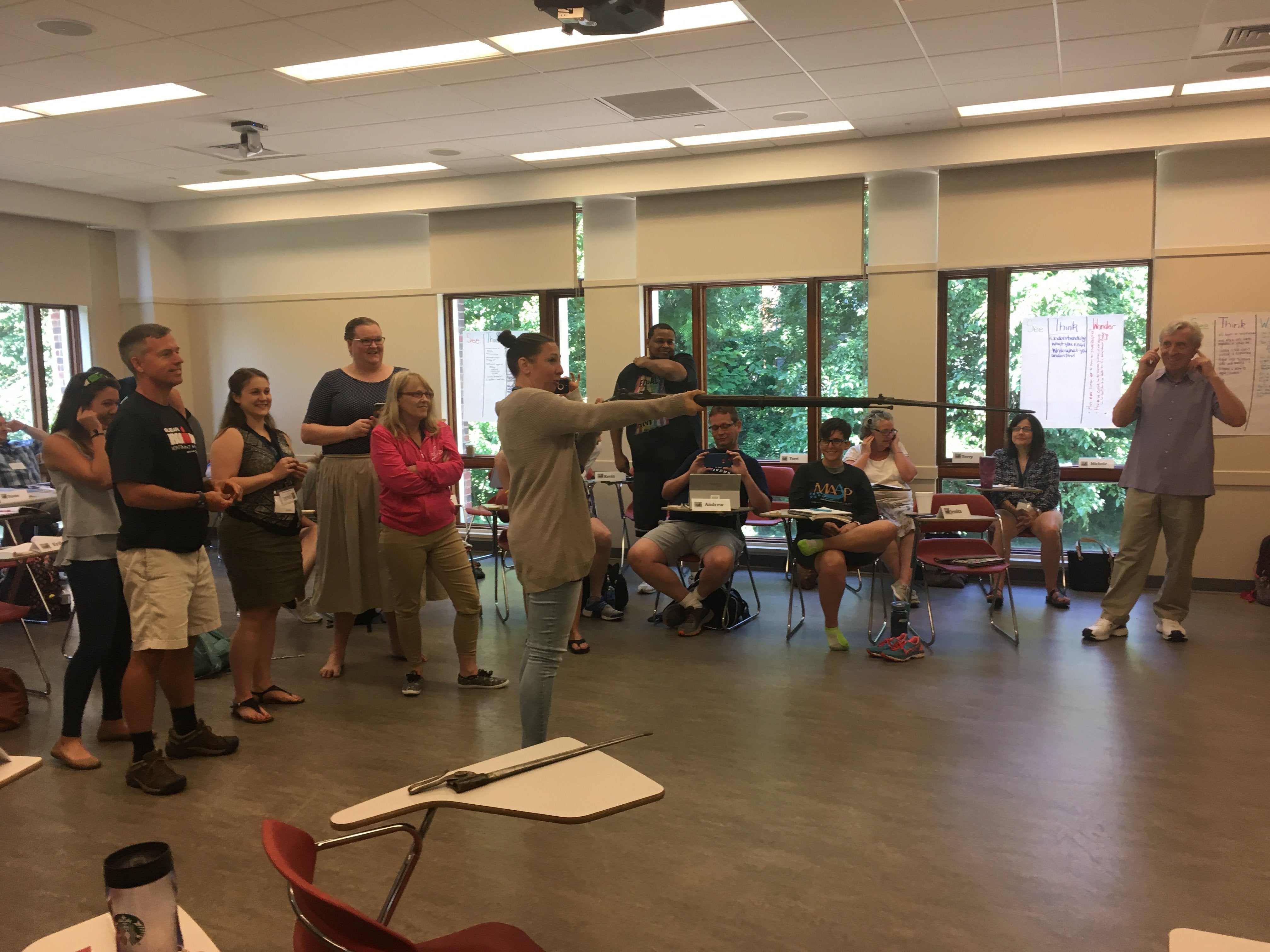 Professor Gary Gallagher teaching a 2018 Teacher Seminar on the Civil War, featuring a demonstration of Civil War weaponry