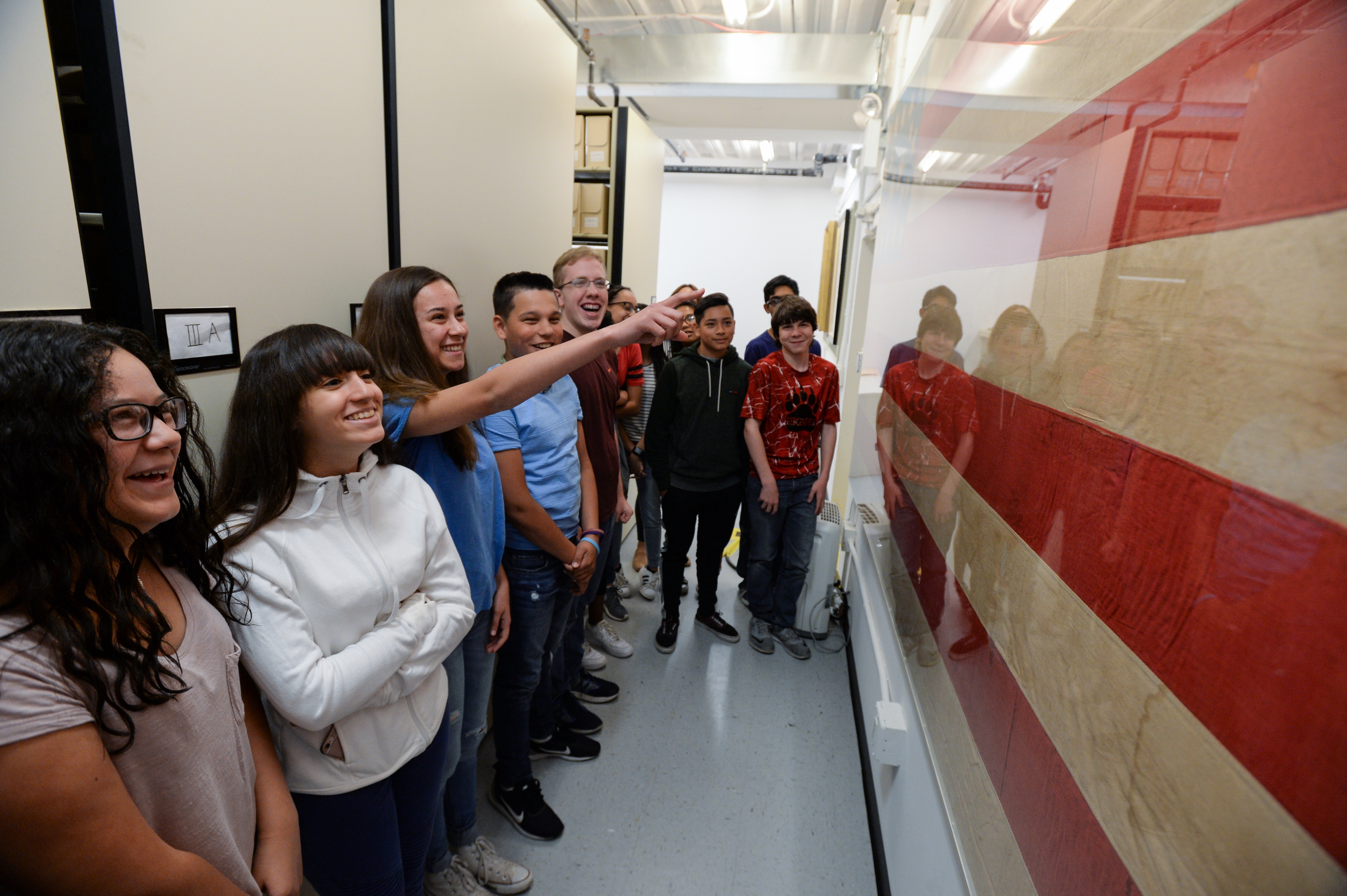 Students from Roy Brown Middle School in Bergenfield, New Jersey, examining a unique abolitionist flag in the Gilder Lehrman Collection Students from Roy Brown Middle School in Bergenfield, New Jersey, examining a unique abolitionist flag in the Gilder Lehrman Collection