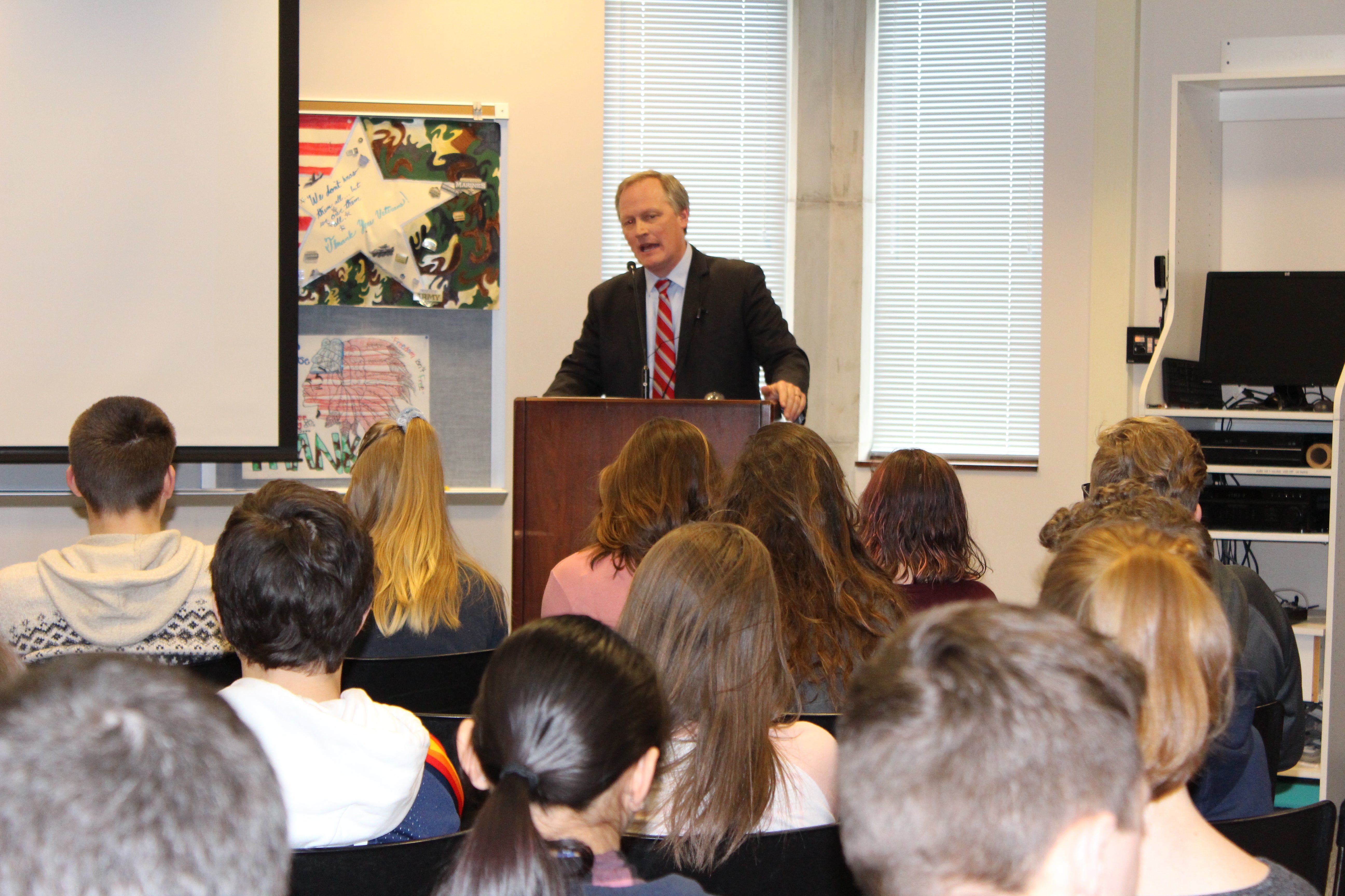 George Washington University Professor Denver Brunsman talks to middle and high school students in Pittsburgh.