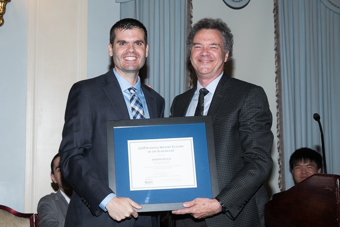 Joseph Welch, 2018 National History Teacher of the Year, with Edward Ayers, Tucker-Boatwright Professor of the Humanities and President Emeritus, University of Richmond.