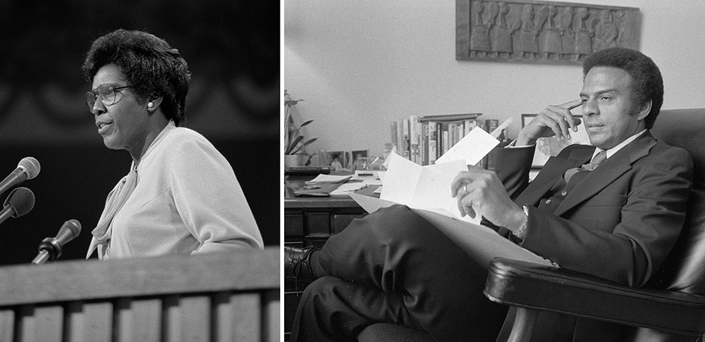  Texas Representative Barbara Jordan delivering the keynote address at the Democratic National Convention, July 12, 1976, and Andrew Young, Democratic Congressman from Georgia, 1976. Photographs by Warren Leffler. (Library of Congress)