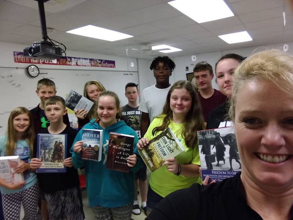 Rhonda Koppelmann's 7th grade students with Gilder Lehrman publications and book-prize-winning books at Rolla Jr. High School, Rolla, Missouri