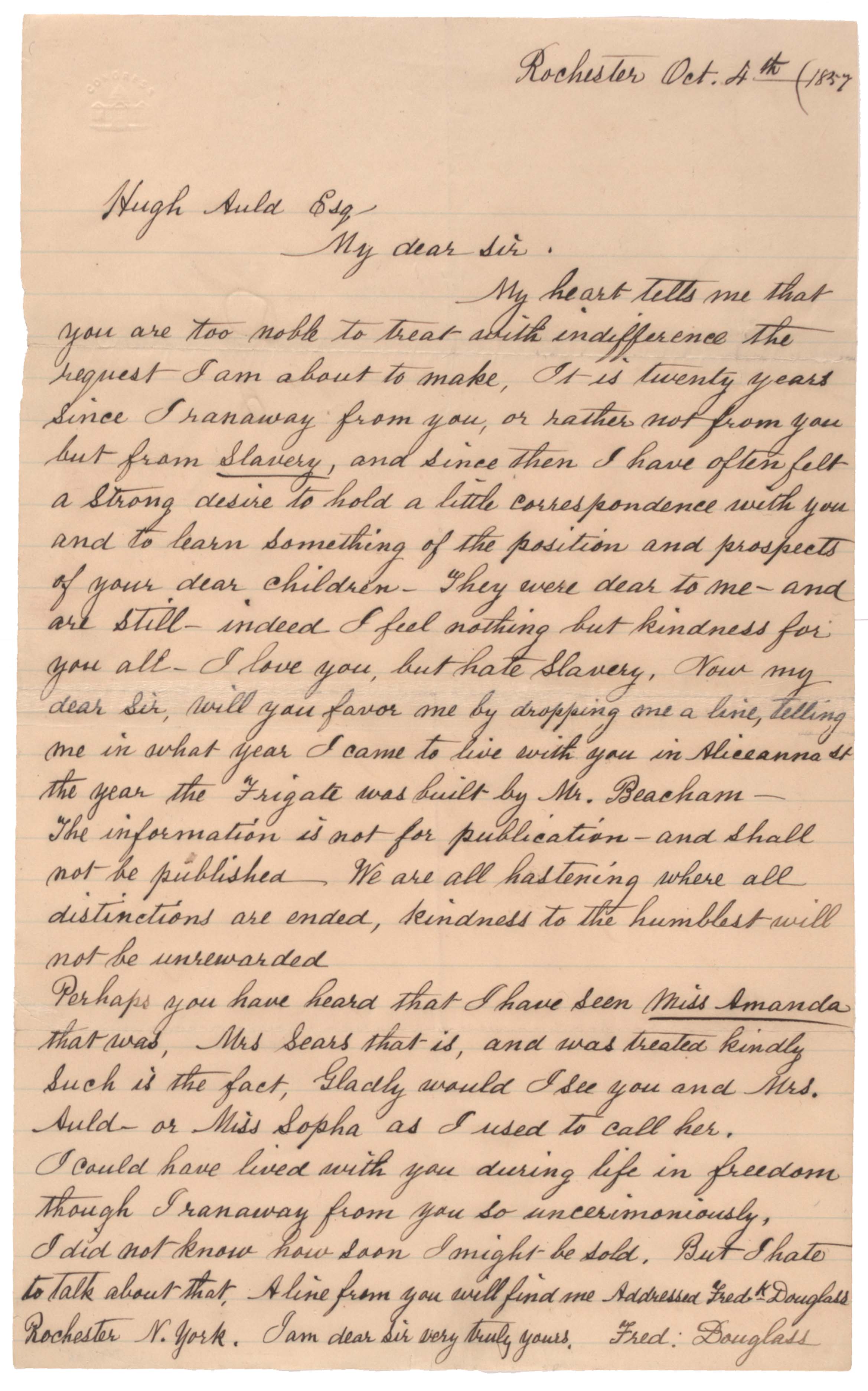 Frederick Douglass to Hugh Auld, October 4, 1857 (Gilder Lehrman Institute, GLC07484.06)