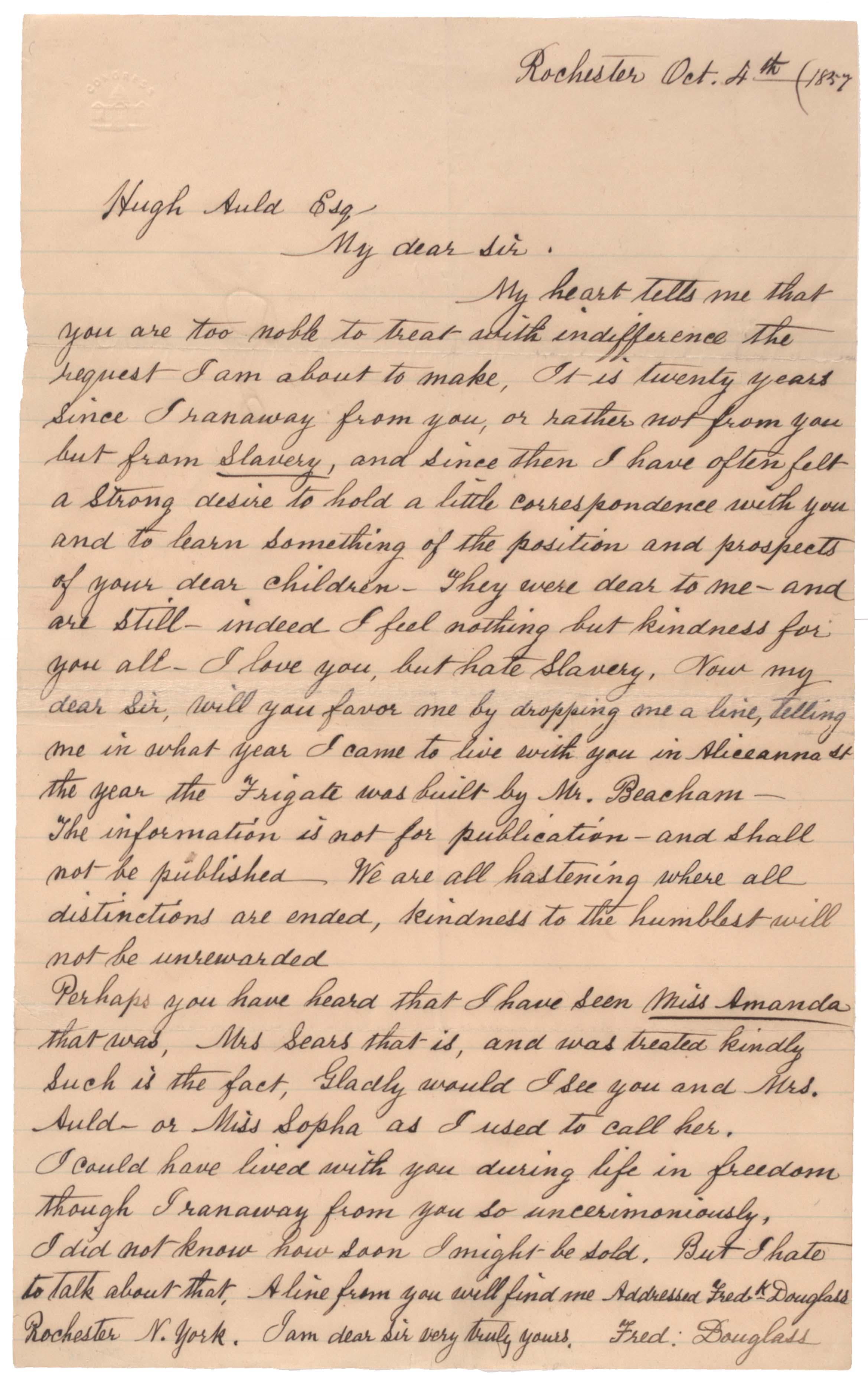 Frederick Douglass to Hugh Auld, October 4, 1857 (Gilder Lehrman Institute, GLC07484.06)