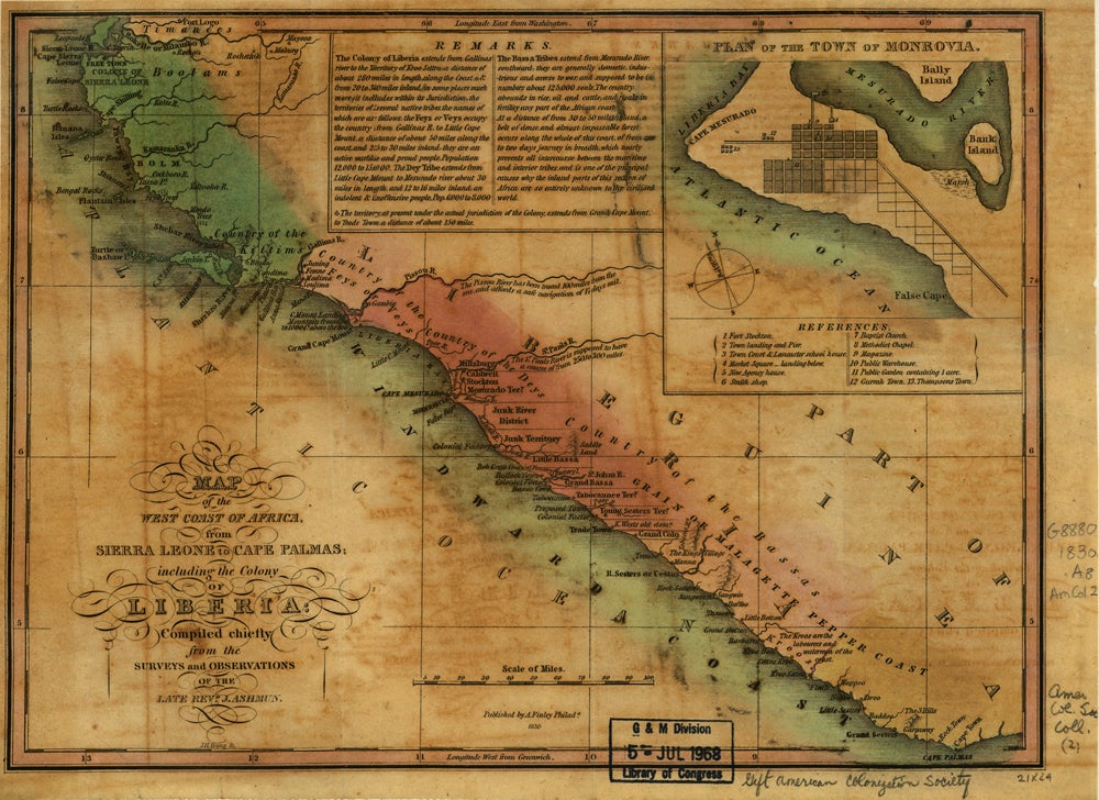 Map of the West Coast of Africa from Sierra Leone to Cape Palmas, including the colony of Liberia, Philadelphia, 1830 (Library of Congress)