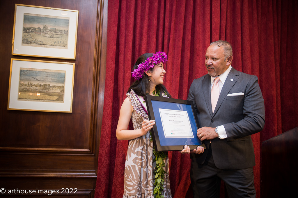 2022 National History Teacher of the Year Misha Matsumoto Yee with President of the Urban League Mark Morial