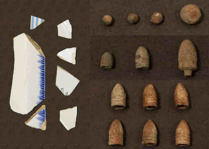 Archaeological evidence of war and peace in the Rio Grande Valley during the Civil War era. Left: A sherd of shell-edged white ware manufactured during the early to mid-nineteenth century in Devonshire, found on October 13, 2017, in what was, during the Civil War era, the riverbed in front of the John Vale/Noah Cox House in Roma, Texas. Right: Lead bullets collected during the 2001 archaeological project at Palmito Ranch, now at the Museum of South Texas History. (Courtesy of the Community Historical Archaeology Project with Schools, University of Texas Rio Grande Valley)