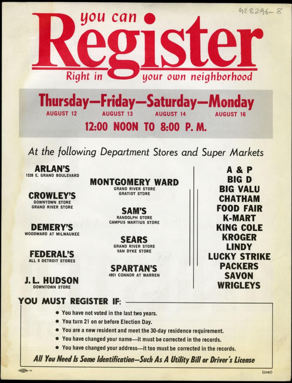 Poster detailing how people can register to vote in their own neighborhood.