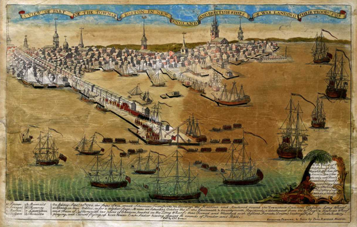 Paul Revere, "A View of Part of the Town of Boston in New England and Brittish Ships of War Landing Their Troops, 1768," Boston, 1770. (The Gilder Lehrman Institute, GLC02873)