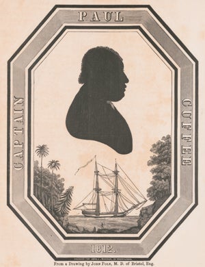 Silhouette of Paul Cuffe, above a ship docked in a tropical region, possibly Sierra Leone, ca. 1812 (Library of Congress)