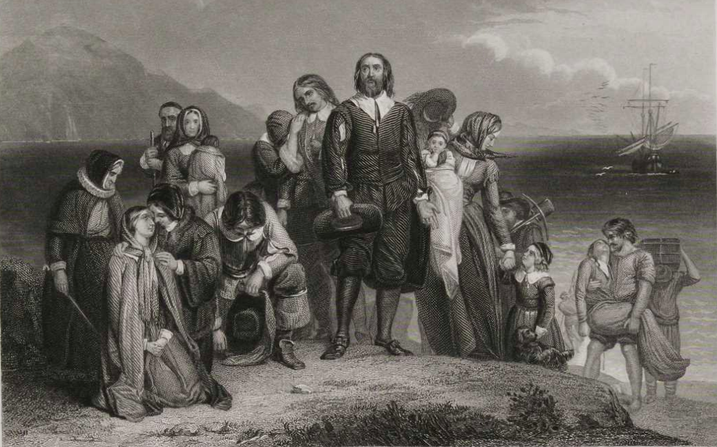 "The First Landing of the Pilgrims, 1620," from the original painting by Charles Lucy (spelled Lucey), engraved by T. Phillibrown (Gilder Lehrman Institute, GLC08878.0005)