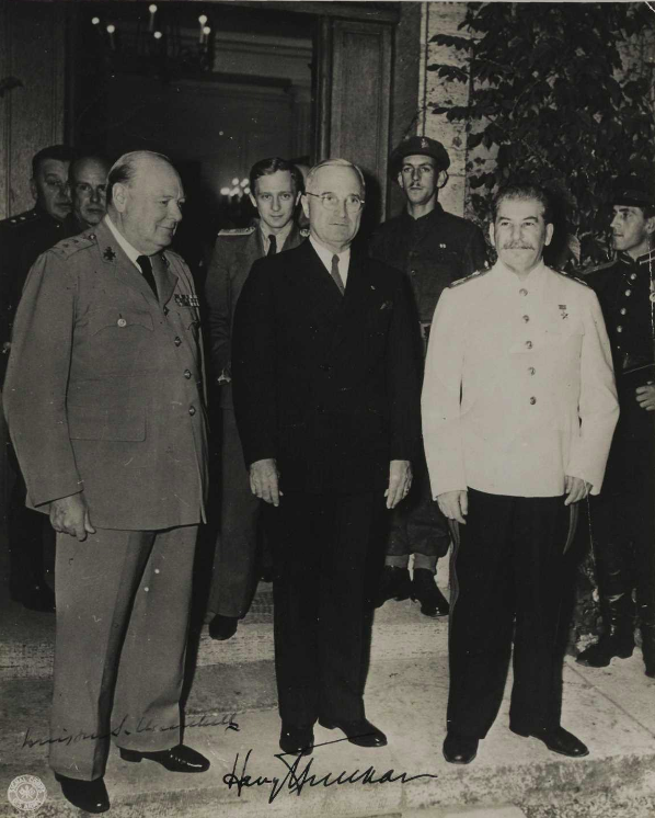 Harry Truman, Winston Churchill, and Joseph Stalin at Potsdam, July - August 1945 (Gilder Lehrman Institute, GLC04457) 