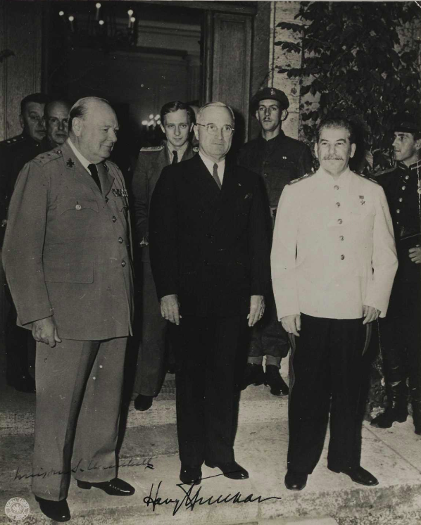 Winston Churchill, Harry Truman, and Joseph Stalin at Potsdam, July 1945 (Gilder Lehrman Institute, GLC04457)