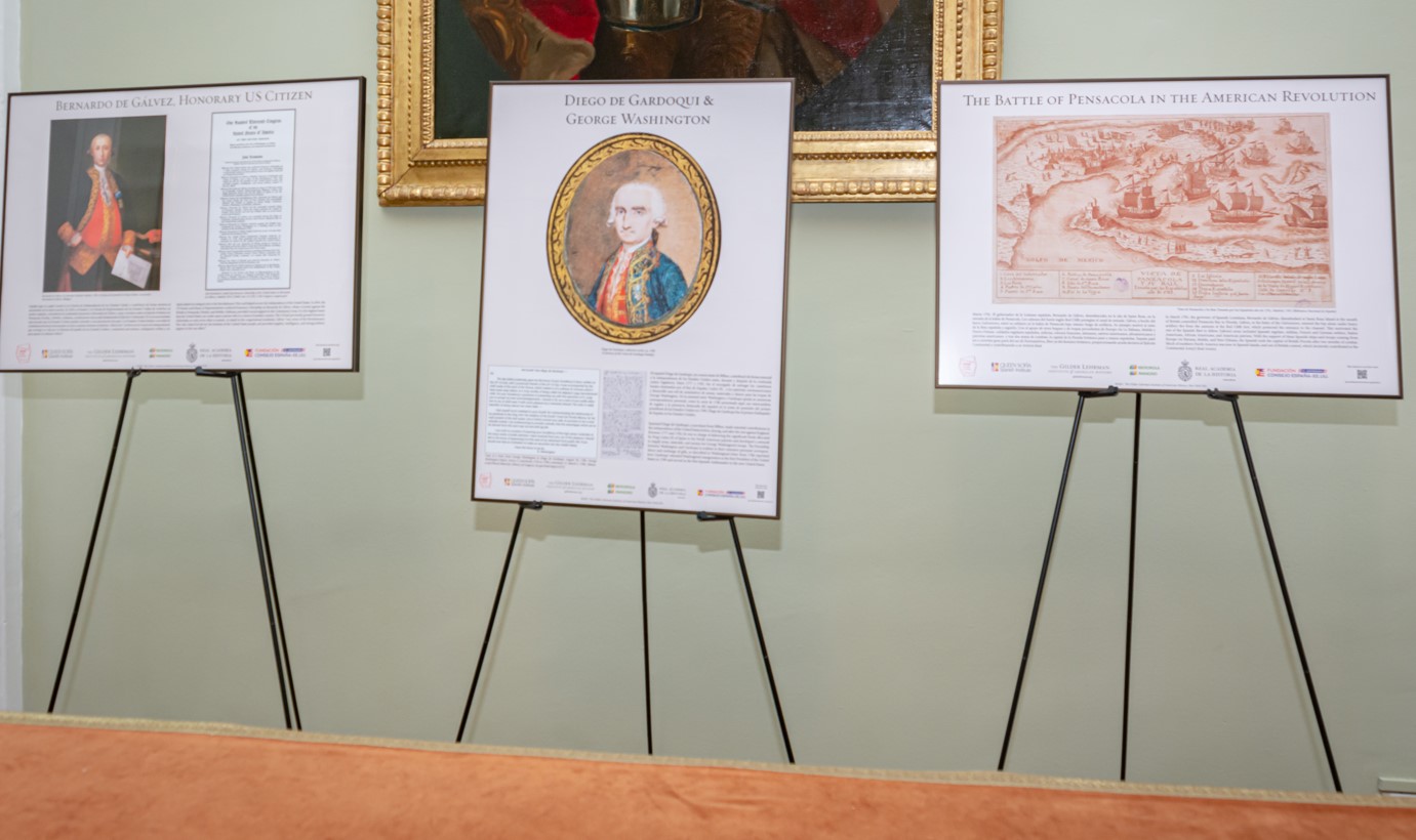 Posters created by Queen Sofía Spanish Institute and the Gilder Lehrman Institute on display for the Madrid signing ceremony