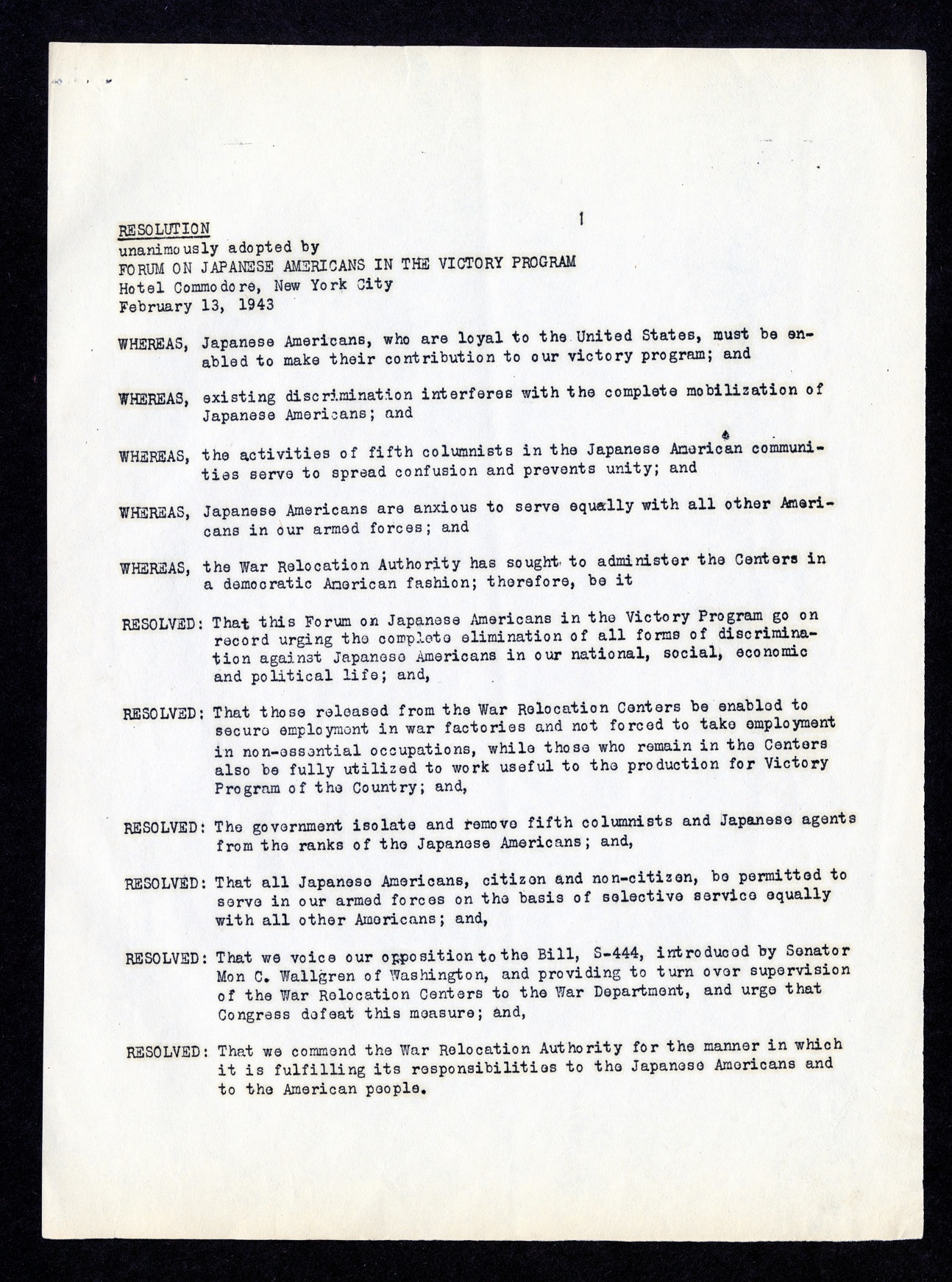 Resolution adopted by the Forum on Japanese Americans in the Victory Program, 1943 (Gilder Lehrman Institute, GLI09692)