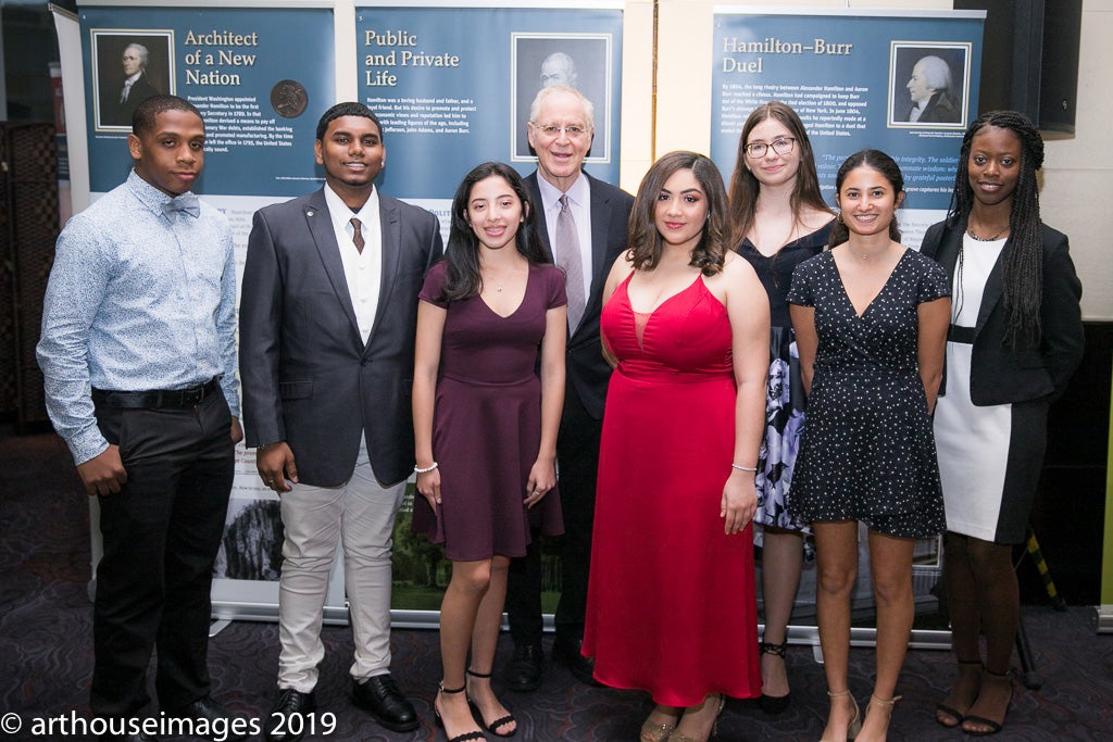 Ron Chernow with student speakers and performers at the 2019 Gilder Lehrman Institute of American History Gala