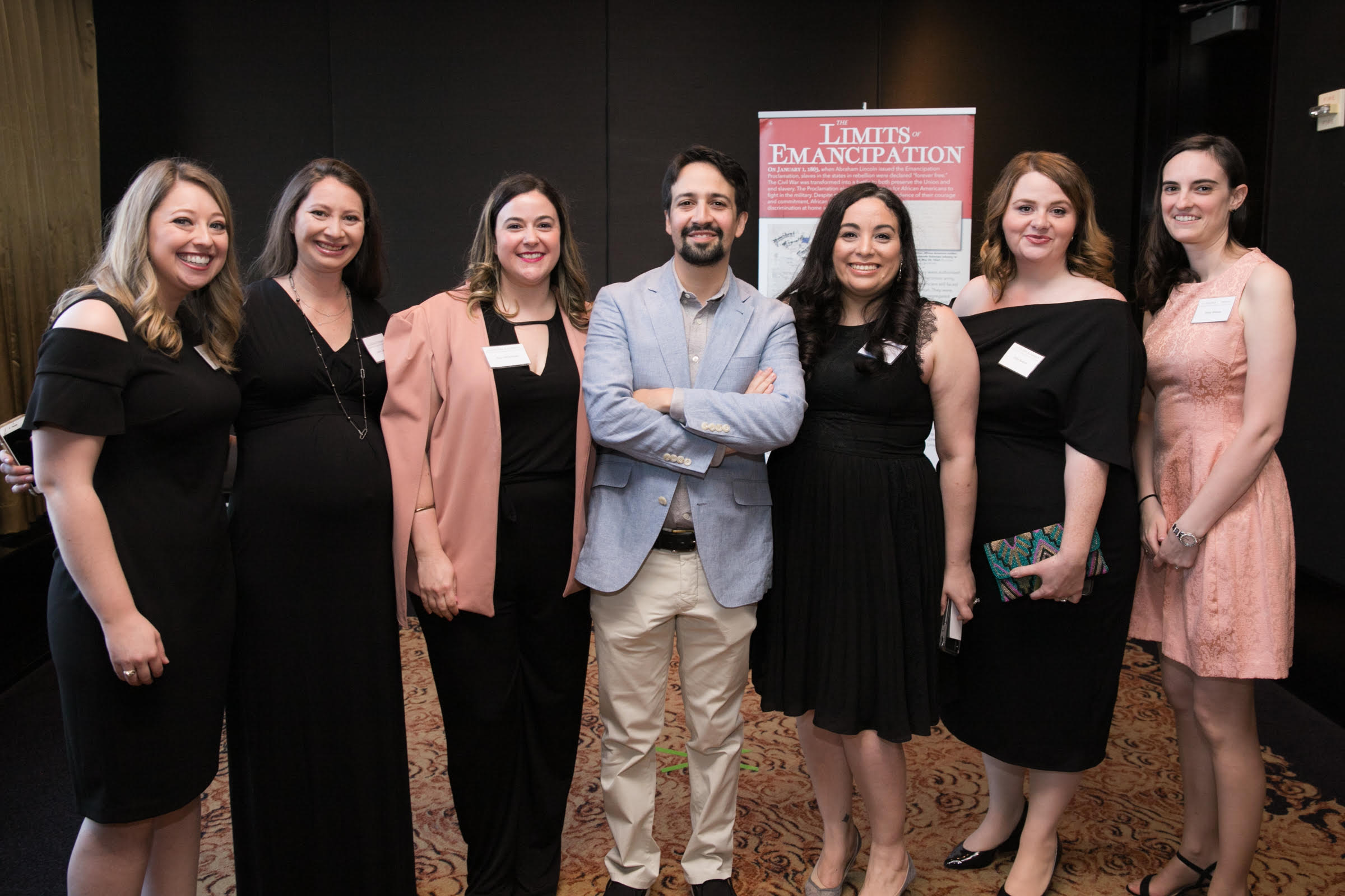 Hamilton composer and original star Lin-Manuel Miranda with Hamilton Education Program team members Allison Taylor, Andrea Zakai, Amy DiChristina, Sasha Rolon Pereira, Leslie Keeton, and Jamie Marcus