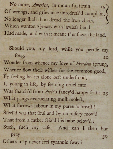 Phillis Wheatley, “To the Right Honourable William, Earl of Dartmouth” (wr. 1772), in "Poems on Various Subjects, Religious and Moral," 1773 (Gilder Lehrman Institute, GLC06154)