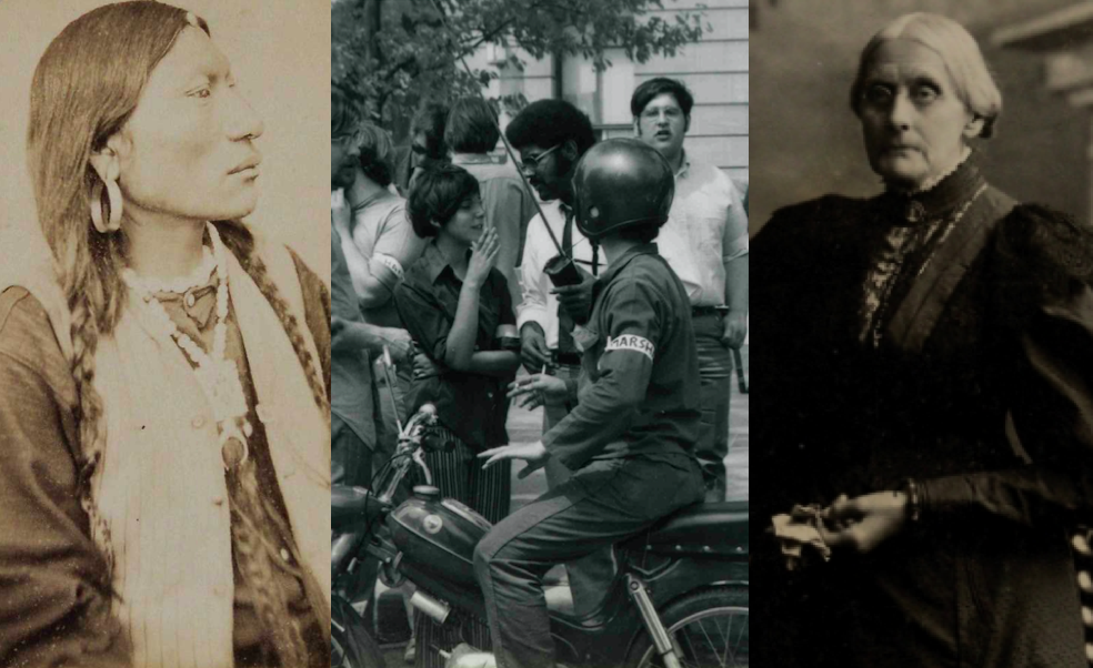 From left to right: Photograph of an unidentified man by Carleton E. Watkins, ca. 1873 (Gilder Lehrman Institute, GLC03030.26); Photograph of protesters at Ohio State University by Kevin Bleicher, April 1970 (Gilder Lehrman Institute, GLC09650.058); Photograph of Susan B. Anthony by Theo C. Marceau, ca. 1896 (Gilder Lehrman Institute, GLC05150)