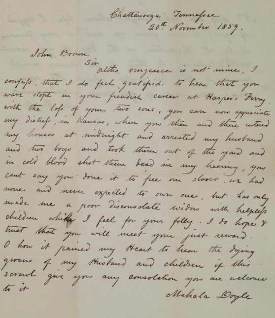 Featured on Inside the Vault, October 1, 2020. Mahala Doyle to John Brown, November 20, 1859, page 1. (Gilder Lehrman Institute, GLC07590)