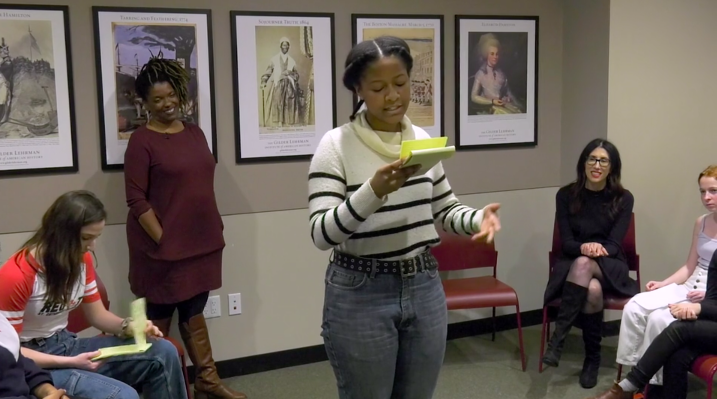 Students workshopping their EduHam pieces with Gilder Lehrman Institute Teaching Artists