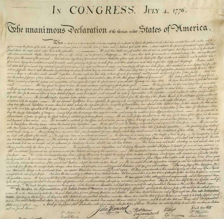 The Unanimous Declaration of the Thirteen United States of America, facsimile copy ordered in 1823 by Secretary of State John Quincy Adams (Gilder Lehrman Institute, GLC00154.02)